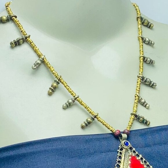 Vintage Triangular Amulet Style Pendant Necklace, Beaded Chain Necklace - Picture 10 of 13